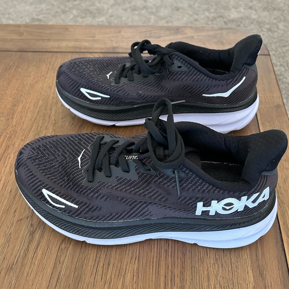 Hoka Shoes - Hoka Black and White Clifton 9 Athletic Shoes